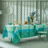 Mille Feuillages Turquoise Tablecloth Coated Cotton, Jacquard, hem all around